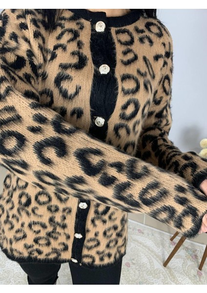 Kadın Siyah Kahverengi Leopar Desenli Uzun Sakallı Triko Hırka