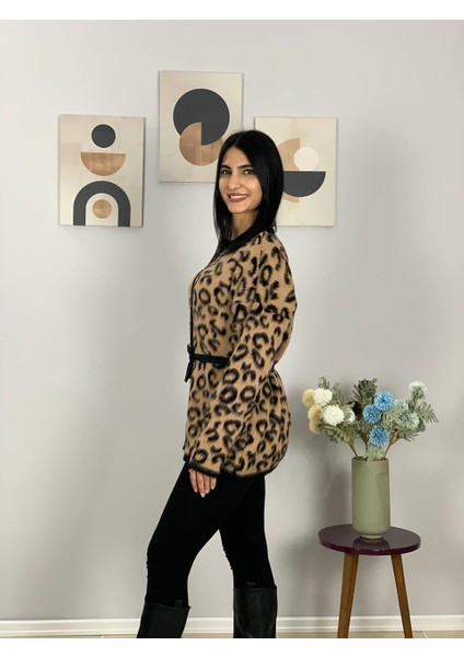 Kadın Siyah Kahverengi Leopar Desenli Uzun Sakallı Triko Hırka