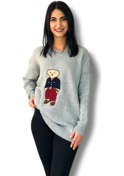 Kadın Teddy Bear Bisiklet Yaka Triko Kazak (Gri)