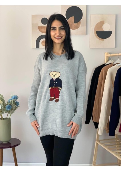 Kadın Teddy Bear Bisiklet Yaka Triko Kazak (Gri)
