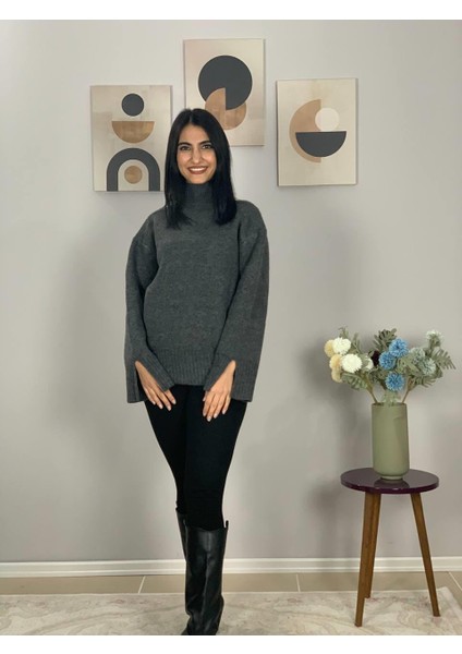 Kadın Füme Pinterest Model Kol Yırtmaçlı Balıkçı Yaka Triko Kazak