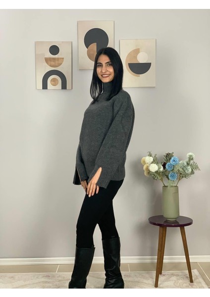 Kadın Füme Pinterest Model Kol Yırtmaçlı Balıkçı Yaka Triko Kazak
