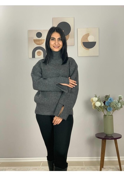 Kadın Füme Pinterest Model Kol Yırtmaçlı Balıkçı Yaka Triko Kazak