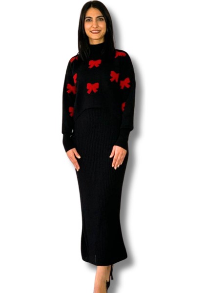 Kadın Fiyonk Desenli Kazaklı Elbise(Siyah)