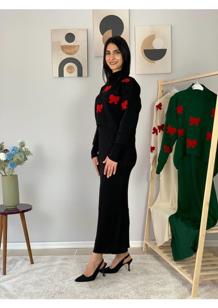 Kadın Fiyonk Desenli Kazaklı Elbise(Siyah) fiyatları