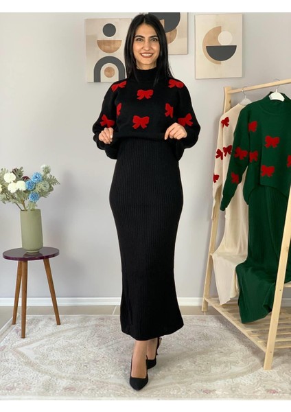 Kadın Fiyonk Desenli Kazaklı Elbise(Siyah) modelleri