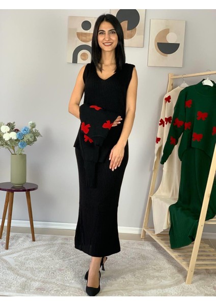 Kadın Fiyonk Desenli Kazaklı Elbise(Siyah) fırsatları