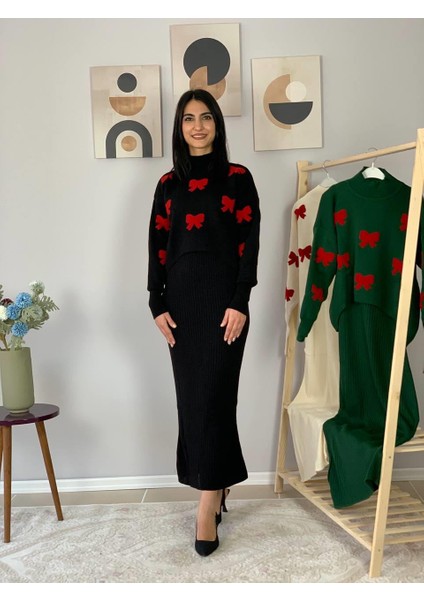 Kadın Fiyonk Desenli Kazaklı Elbise(Siyah) indirimleri