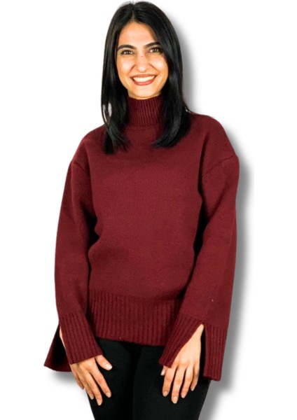 Kadın Bordo Pinterest Model Kol Yırtmaçlı Balıkçı Yaka Triko Kazak
