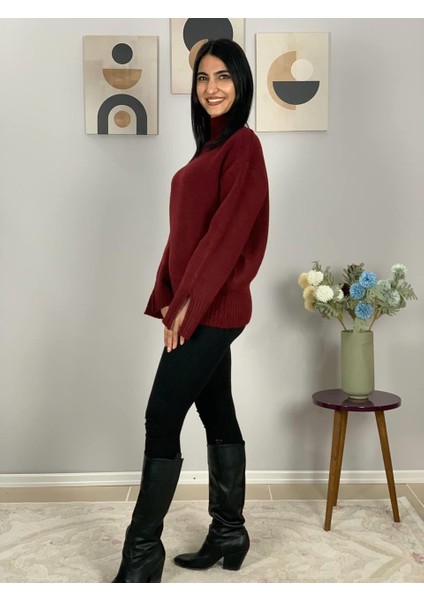 Kadın Bordo Pinterest Model Kol Yırtmaçlı Balıkçı Yaka Triko Kazak