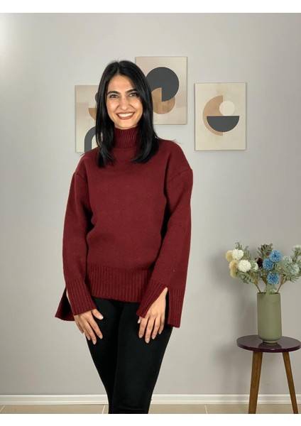 Kadın Bordo Pinterest Model Kol Yırtmaçlı Balıkçı Yaka Triko Kazak