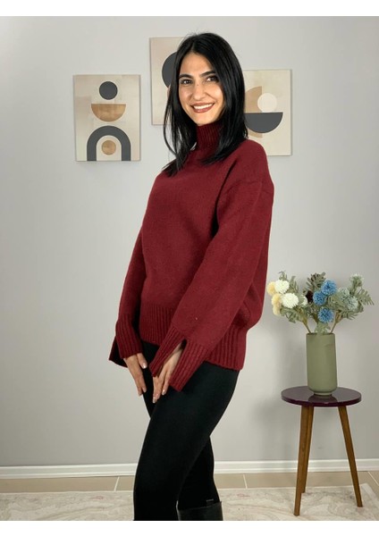 Kadın Bordo Pinterest Model Kol Yırtmaçlı Balıkçı Yaka Triko Kazak