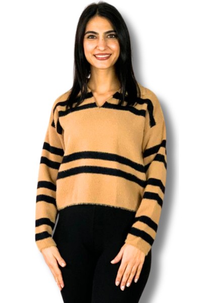 Kadın Polo Yaka Sakallı Triko Crop Kazak(Taş)