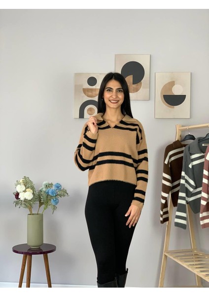 Kadın Polo Yaka Sakallı Triko Crop Kazak(Taş)