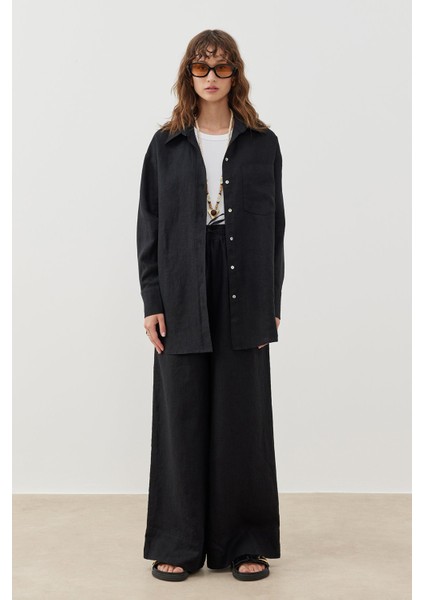 Keten Oversize Kuşaklı Gömlek - Siyah