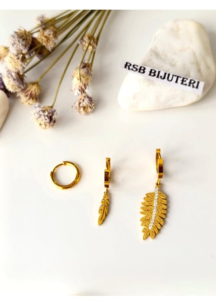 Küpe halka sallantılı yaprak altın kaplama 316 L çelik 3'lü set + hediye paketi