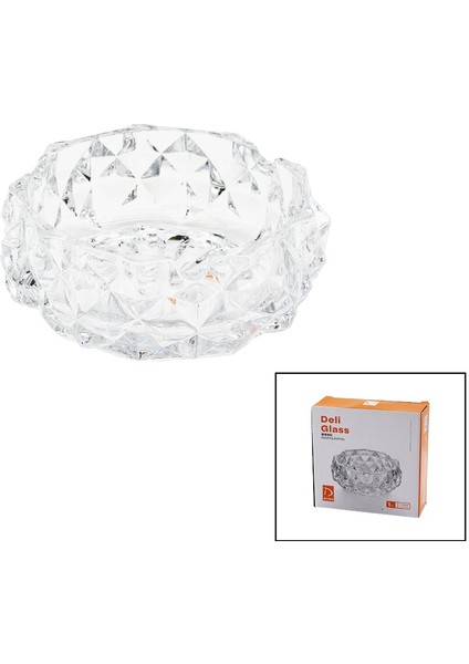 Büyük Cam - Dıamond Kristal Şekil Yuvarlak Küllük Çap: 12.8cm - D: 5.2cm (4767)