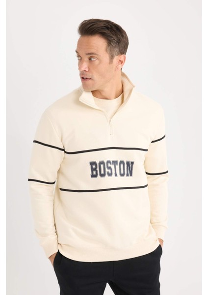 Relax Fit Dik Yaka Fermuarlı Baskılı Kalın Sweatshirt D4714AX24AU fırsatları