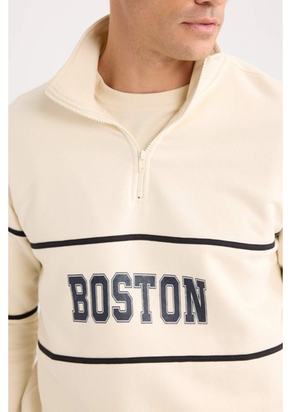 Relax Fit Dik Yaka Fermuarlı Baskılı Kalın Sweatshirt D4714AX24AU indirimleri