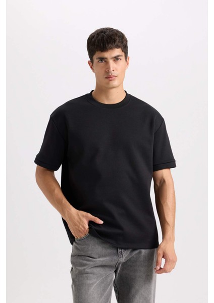Oversize Geniş Kalıp Bisiklet Yaka Basic Düz Kısa Kollu Ağır Kumaş Tişört B6494AX25SP