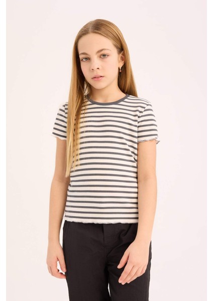 Kız Çocuk Slim Fit Dar Kesim Bisiklet Yaka Çizgili Fitilli Kaşkorse Kısa Kollu Tişört B6692A825SM