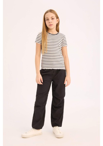 Kız Çocuk Slim Fit Dar Kesim Bisiklet Yaka Çizgili Fitilli Kaşkorse Kısa Kollu Tişört B6692A825SM fiyatları