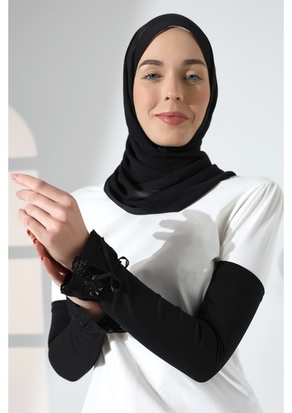Pratik Tesettür Kolluk Dantel Detaylı Penye Namaz Kolluğu Siyah