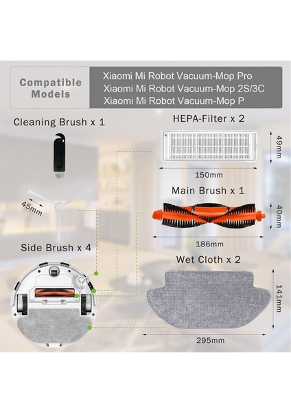 Mi Robot Vakum XMSTJQR2S/MOP 2S/STYJ02YM Ana Yan Fırça Hepa Filtre Paspas Bezi ile Uyumlu Yedek Parçalar (Yurt Dışından)