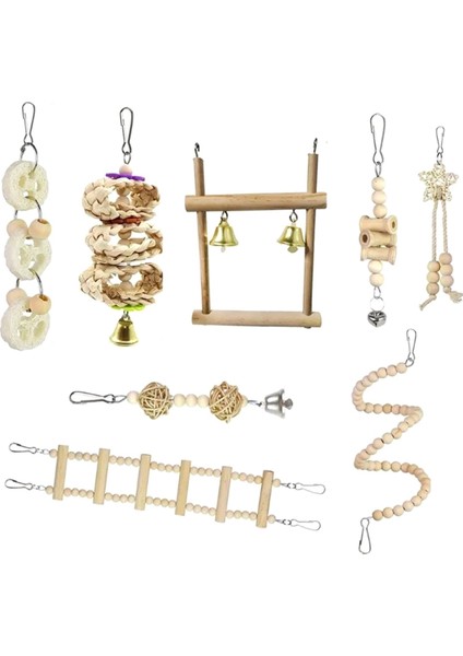 8pcs Set Kombinasyonu Papağan Kuş Oyuncakları Ahşap Makaleler Bite Pet Kuş Oyuncakları Papağan Eğitimi ile Uyumlu (Yurt Dışından)