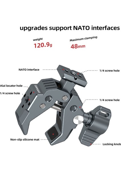 Çok Fonksiyonlu Yengeç Pençesi Tabanlı Süper Kelepçe Güçlü Sabit Kelepçe, Dslr Kamera Monitörleri ile Uyumlu Mikrofon LED Işıklar -B (Yurt Dışından)