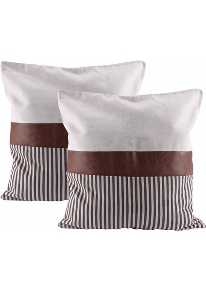 2 Set Çiftlik Evi Dekor Şerit Patchwork Keten Atmak Yastık Kılıfı, Modern Tan Suni Deri Yastık Kılıfı 18X18 Inç (Yurt Dışından)