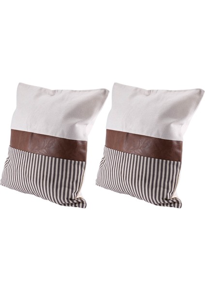 2 Set Çiftlik Evi Dekor Şerit Patchwork Keten Atmak Yastık Kılıfı, Modern Tan Suni Deri Yastık Kılıfı 18X18 Inç (Yurt Dışından)