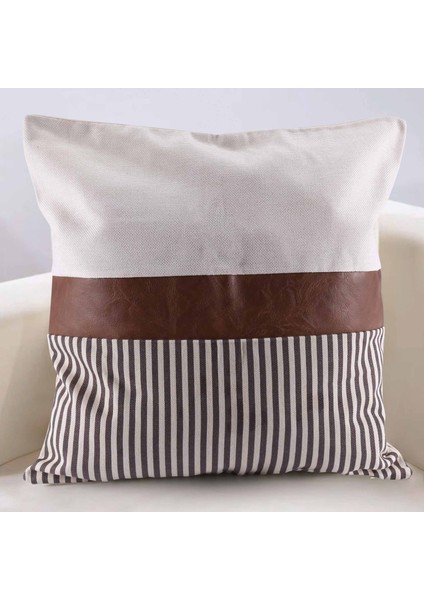 2 Set Çiftlik Evi Dekor Şerit Patchwork Keten Atmak Yastık Kılıfı, Modern Tan Suni Deri Yastık Kılıfı 18X18 Inç (Yurt Dışından)