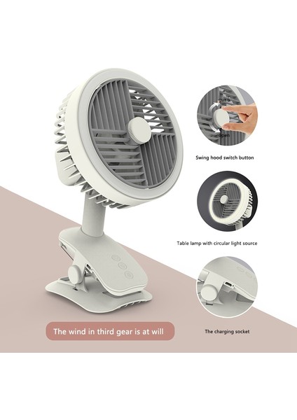 USB Masaüstü Fanı, Taşınabilir Klip Tabanlı Şarj Edilebilir Kişisel Düşük Gürültülü Ayarlanabilir LED Işıklı Fan (Beyaz) (Yurt Dışından)