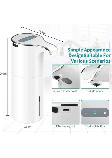 2x Sabunluk Otomatik - Fotoselli USB Şarj Edilebilir Elektrikli Köpük Sabunluk Ayarlanabilir Su Geçirmez 450 ml Beyaz (Yurt Dışından)