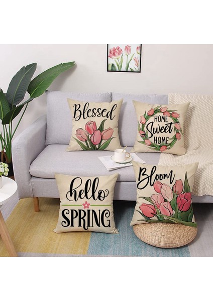 Yaylı Yastık Kılıfı 18X18 4'lü Set, Bahar Çiftlik Evi Atma Yastık Kılıfı, Ev Kanepe Dekoru Yastık Kılıfı (Yurt Dışından)