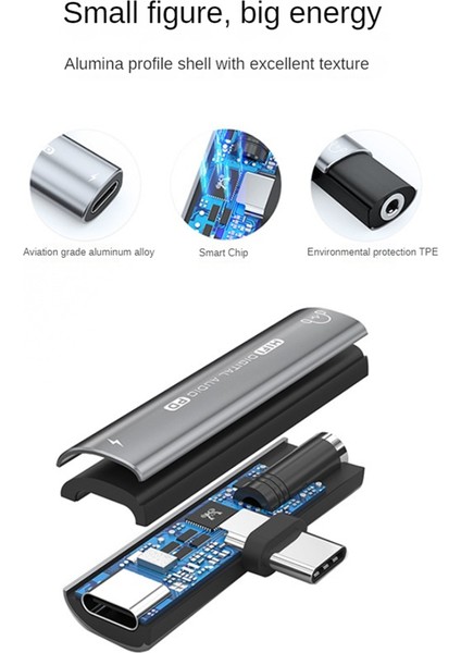 2ın1 USB Type-C - 3,5mm Kulaklık Adaptörü PD60W Hızlı Şarj Kulaklık Ses Dönüştürücü 16BIT/48KHZ Dijital Kod Çözücü, Gri (Yurt Dışından)