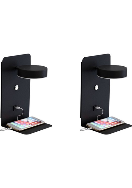 usb Bağlantı Noktalı 2x Okuma Duvar Işığı Anahtarlı Yaratıcı Raf Başucu Lambası -Siyah (Yurt Dışından)