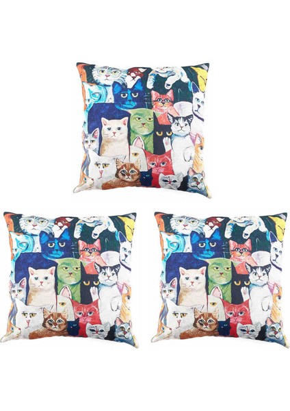 3x Keten Dekoratif Yastık Kılıfı Minderler 45X45CM Kedi Desenli (Yurt Dışından)