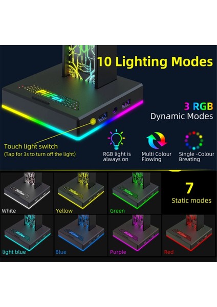 10 Işıklı, Çift USB Arayüzlü, 3,5 mm Ses Bağlantı Noktalı, 3D Atmosfer Işığı Renkli Kutulu Rgb Oyun Kulaklığı Tutucu (Yurt Dışından)