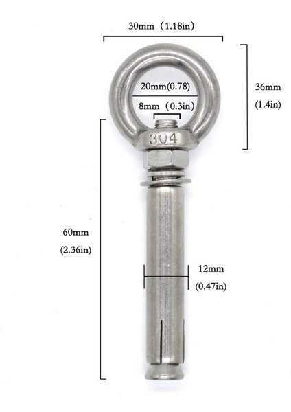20 Adet M8 x 60MM Genişleme Cıvatası Ankraj Cıvatası 304 Paslanmaz Çelik Halka Kaldırma Çapa Gözlü Cıvata Genişleme Halkalı Cıvata (Yurt Dışından)