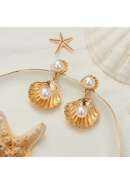 Trendy Simüle Inci Büyük Metal Kabuk Saplama Küpe Kadınlar Için Charm Takı Plaj Boho Küpe Bildirimi Pendientes (Yurt Dışından)