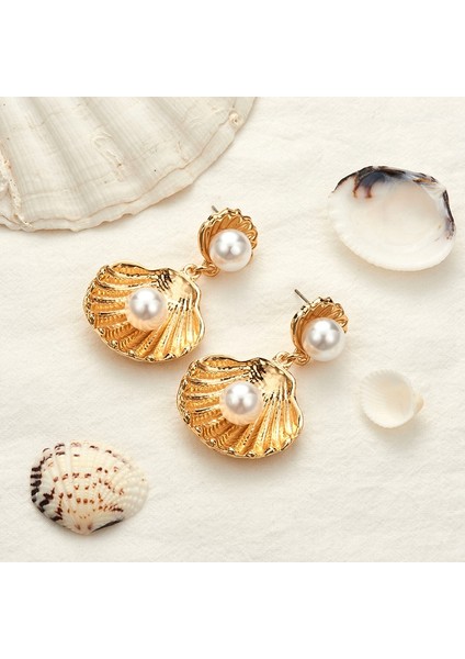 Trendy Simüle Inci Büyük Metal Kabuk Saplama Küpe Kadınlar Için Charm Takı Plaj Boho Küpe Bildirimi Pendientes (Yurt Dışından)