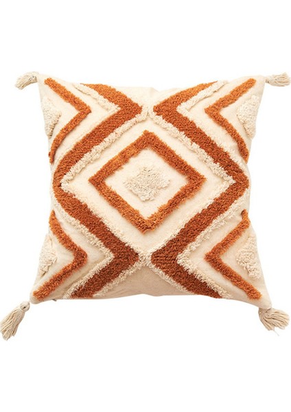 Boho Atmak Yastık Örtüsü 18X18 Çiftlik Evi Dekoratif Yastık Örtüsü Düzensiz Eşkenar Dörtgen Kafes Püsküllü Dekoratif Yastık Örtüsü (Yurt Dışından)