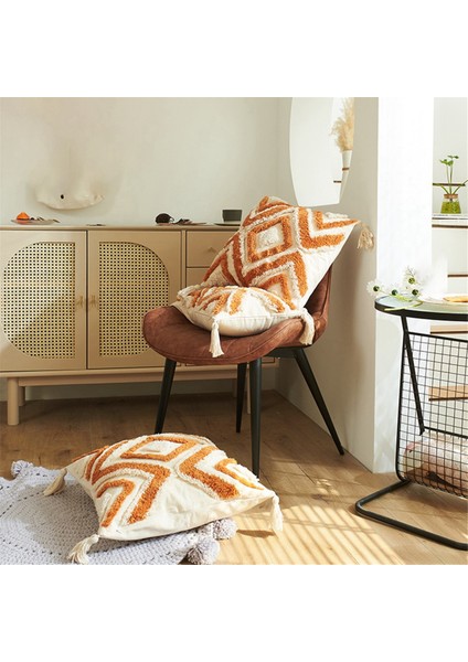 Boho Atmak Yastık Örtüsü 18X18 Çiftlik Evi Dekoratif Yastık Örtüsü Düzensiz Eşkenar Dörtgen Kafes Püsküllü Dekoratif Yastık Örtüsü (Yurt Dışından)