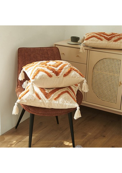 Boho Atmak Yastık Örtüsü 18X18 Çiftlik Evi Dekoratif Yastık Örtüsü Düzensiz Eşkenar Dörtgen Kafes Püsküllü Dekoratif Yastık Örtüsü (Yurt Dışından)