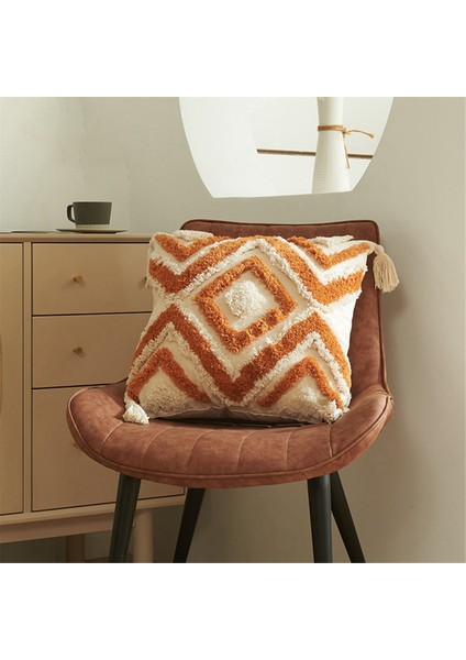 Boho Atmak Yastık Örtüsü 18X18 Çiftlik Evi Dekoratif Yastık Örtüsü Düzensiz Eşkenar Dörtgen Kafes Püsküllü Dekoratif Yastık Örtüsü (Yurt Dışından)