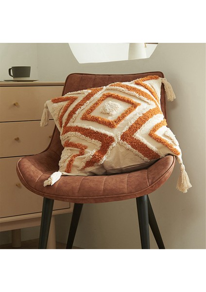 Boho Atmak Yastık Örtüsü 18X18 Çiftlik Evi Dekoratif Yastık Örtüsü Düzensiz Eşkenar Dörtgen Kafes Püsküllü Dekoratif Yastık Örtüsü (Yurt Dışından)