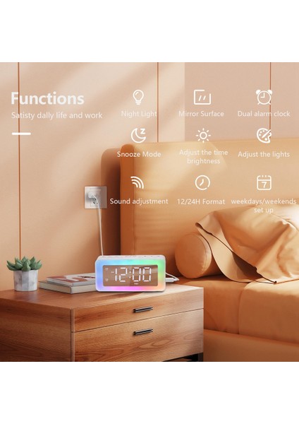 Yatak Odaları Için Çalar Saatler 8 Rgb Atmosfer Işıklı Ayna Saat Çift Alarm 3 Alarm Modu Erteleme Uyku Yardımı Zamanlayıcısı (Yurt Dışından)