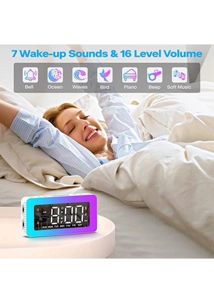 Yatak Odaları Için Çalar Saatler 8 Rgb Atmosfer Işıklı Ayna Saat Çift Alarm 3 Alarm Modu Erteleme Uyku Yardımı Zamanlayıcısı (Yurt Dışından)